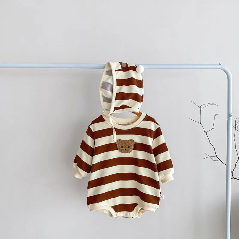 Baby Striped Side Bear Bodysuit with Bonnet