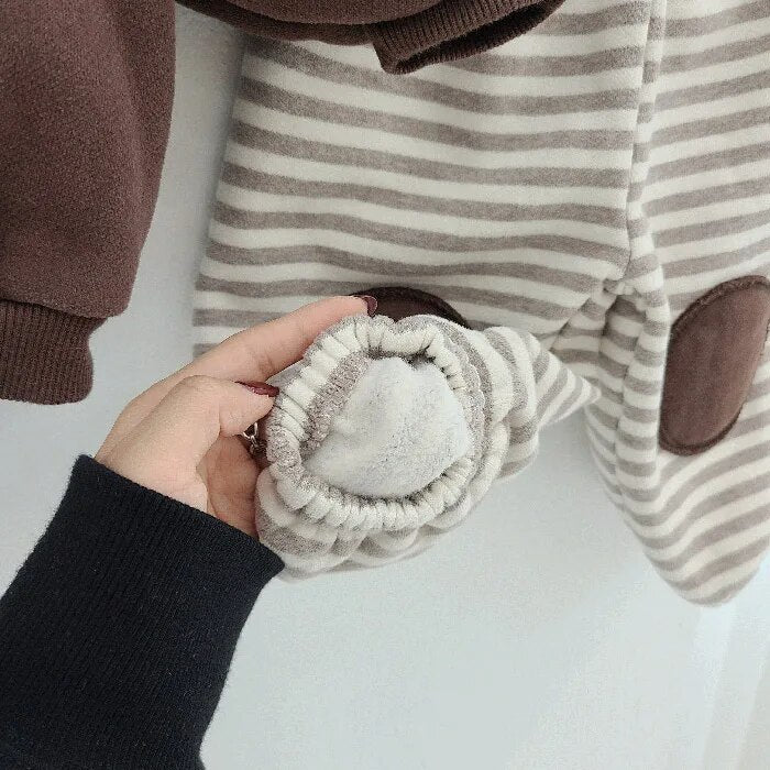 Bear Hooded Fleece Striped Patch SET