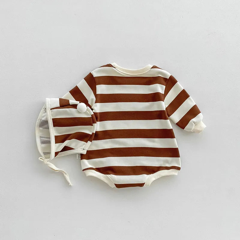 Baby Striped Side Bear Bodysuit with Bonnet