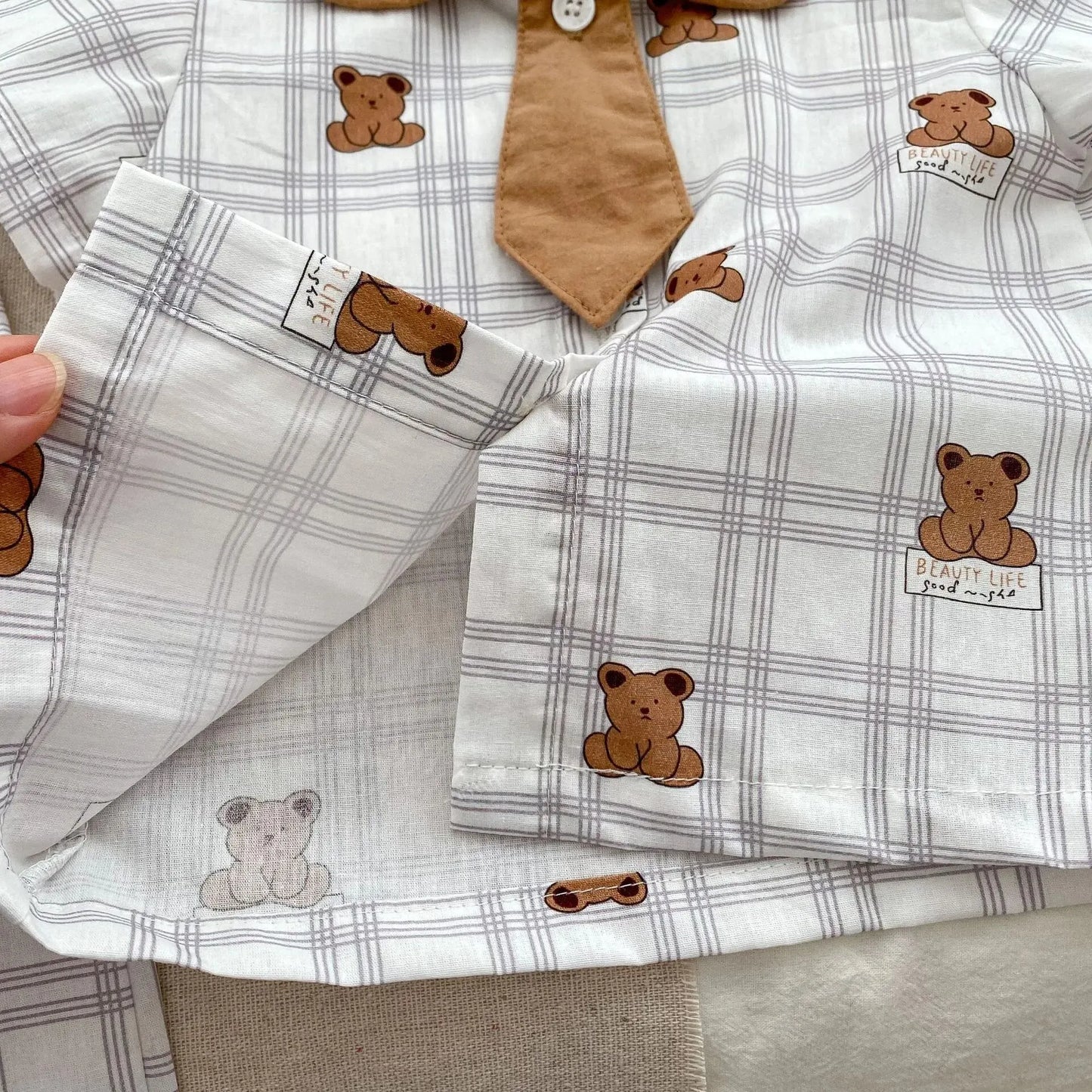 SUMMER BABY TEDDY PLAID SHORT - SLEEVED ROMPER