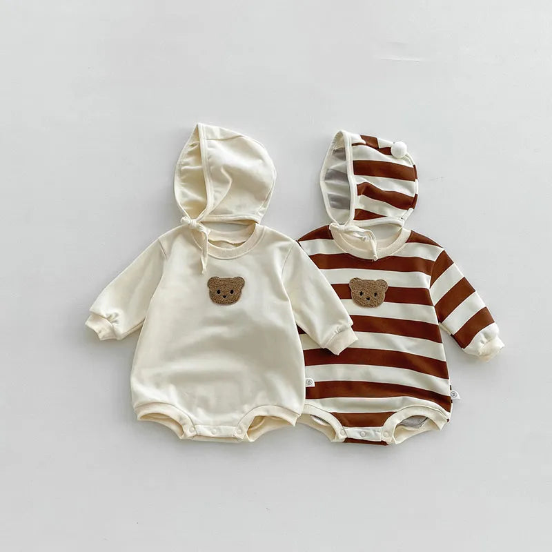 Baby Striped Side Bear Bodysuit with Bonnet
