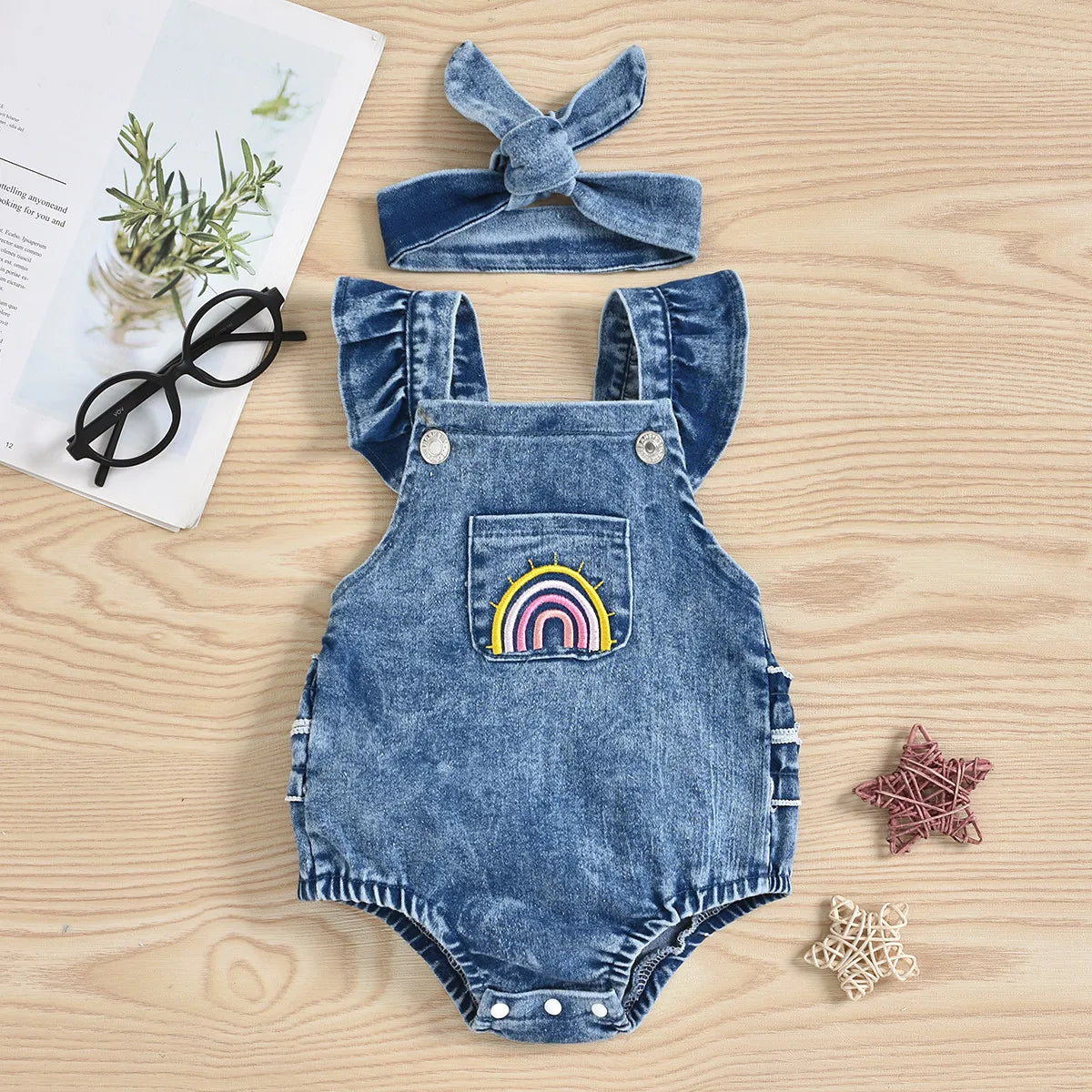 JEANS ROMPER SET WITH BOWIE TOPKNOT