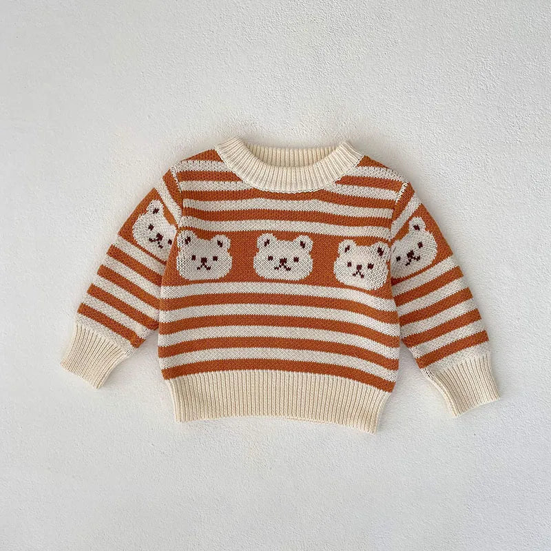Striped Teddy Bear Pattern Knit Sweater And Knit Pants Set 
