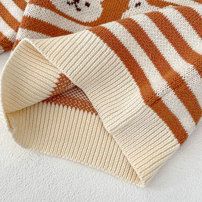 Striped Teddy Bear Pattern Knit Sweater And Knit Pants Set 