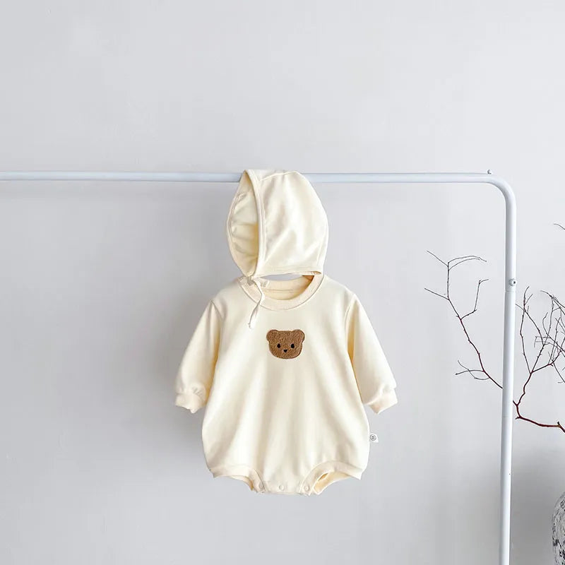 Baby Striped Side Bear Bodysuit with Bonnet
