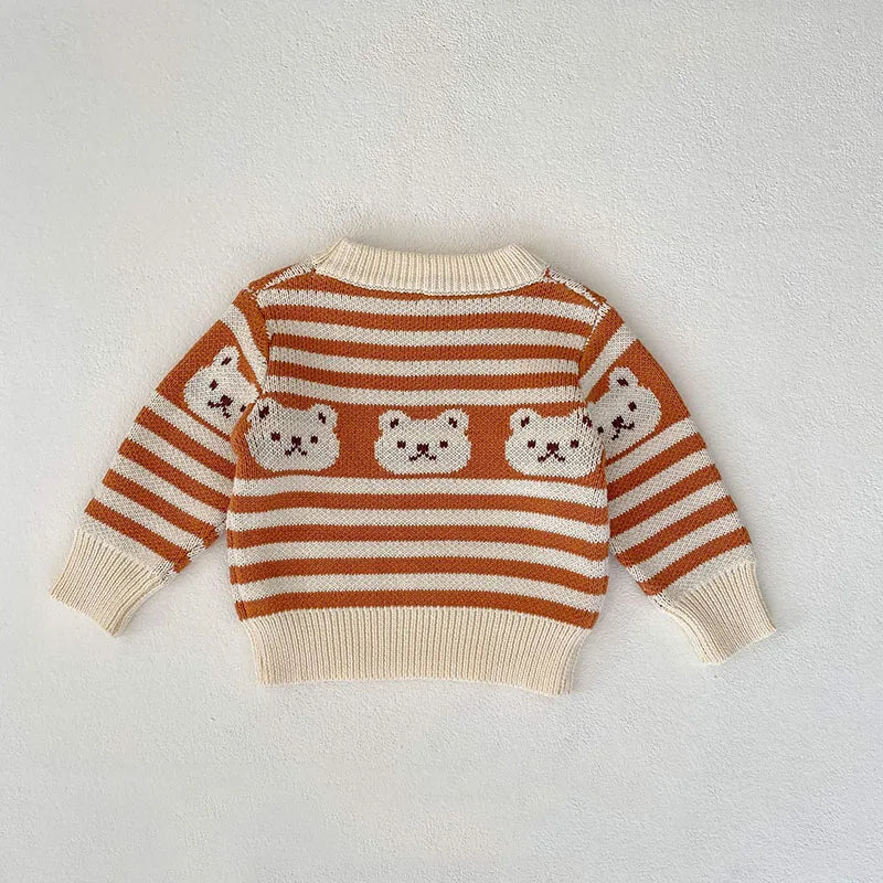 Striped Teddy Bear Pattern Knit Sweater And Knit Pants Set 