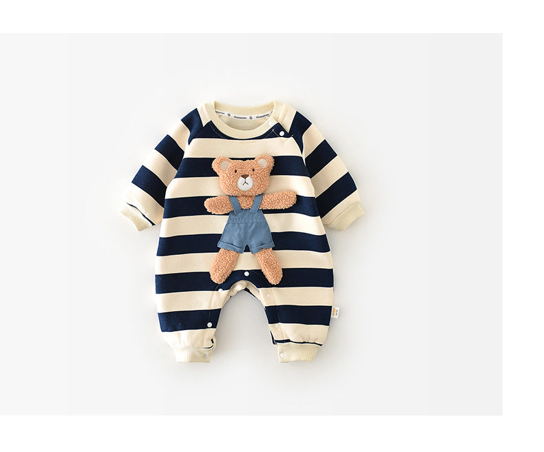 BABY STRIPED BEAR FLEECE LINED ROMPER