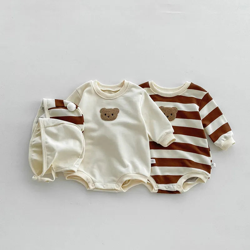 Baby Striped Side Bear Bodysuit with Bonnet