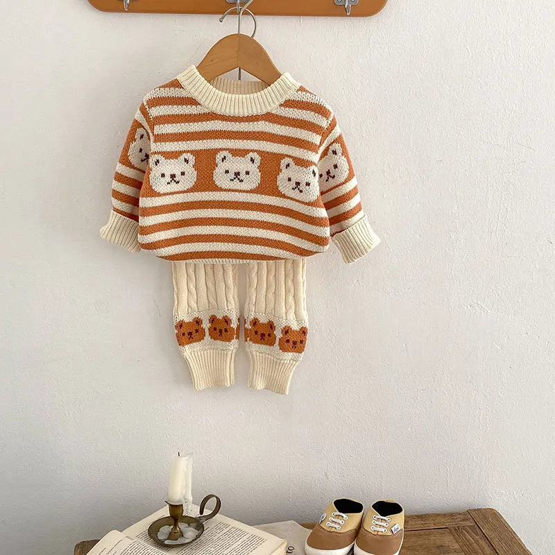 Striped Teddy Bear Pattern Knit Sweater And Knit Pants Set 