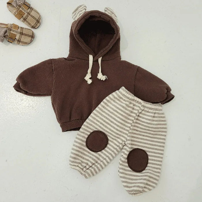 Bear Hooded Fleece Striped Patch SET