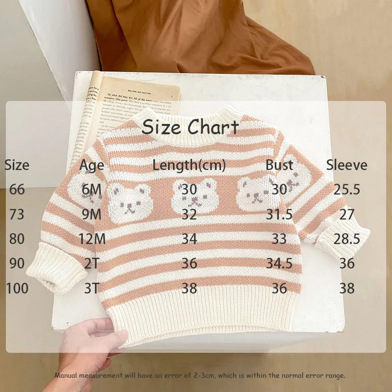 Striped Teddy Bear Pattern Knit Sweater And Knit Pants Set 