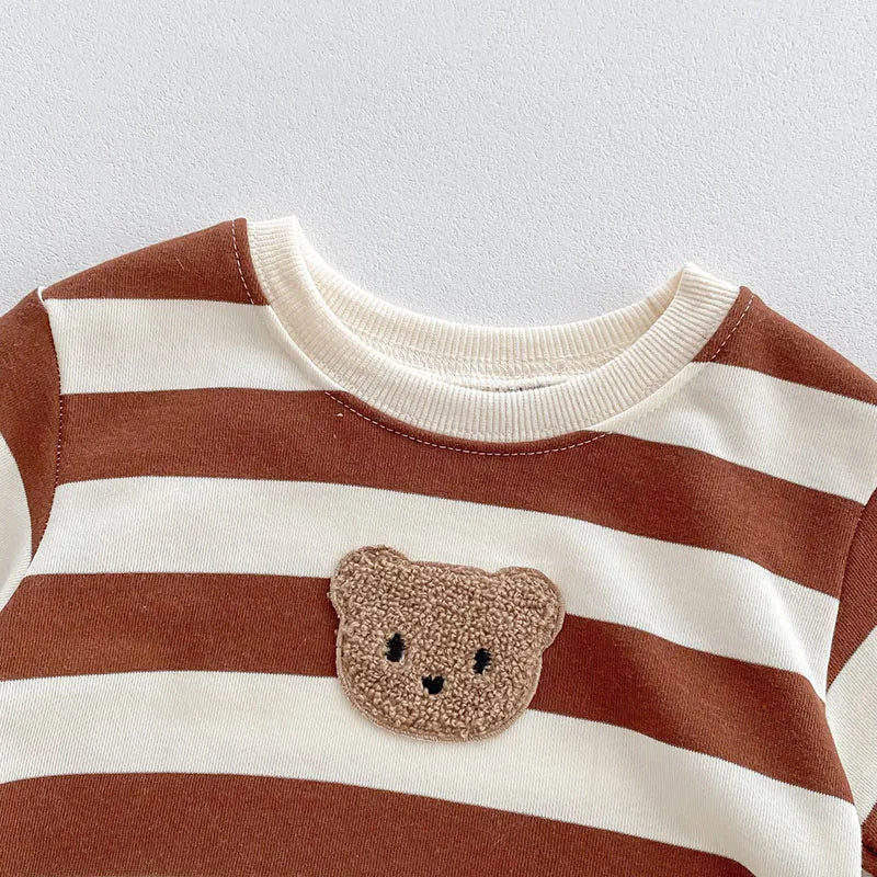 Baby Striped Side Bear Bodysuit with Bonnet