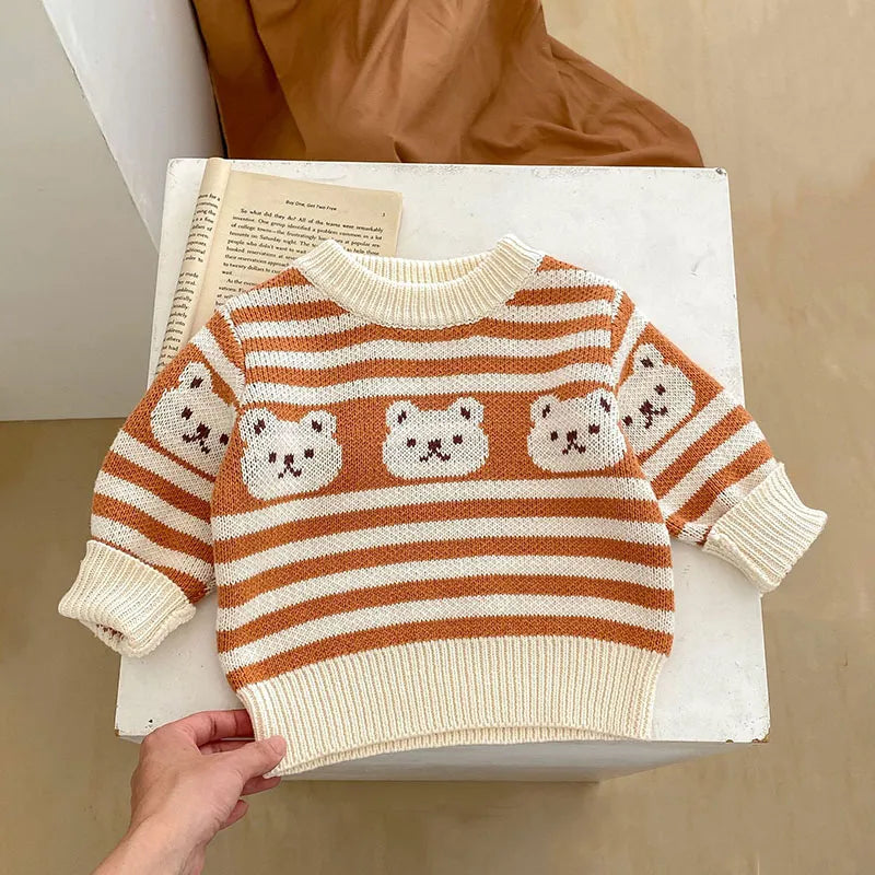 Striped Teddy Bear Pattern Knit Sweater And Knit Pants Set 