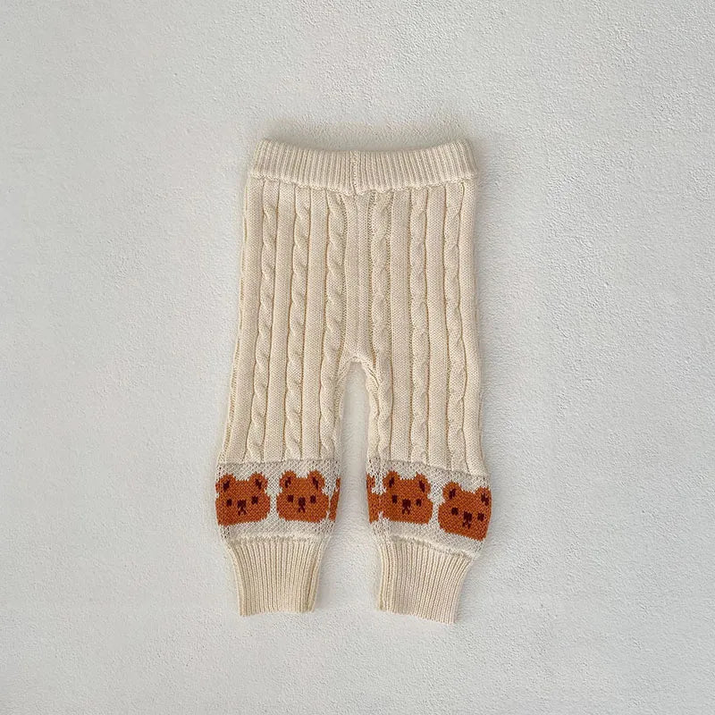 Striped Teddy Bear Pattern Knit Sweater And Knit Pants Set 