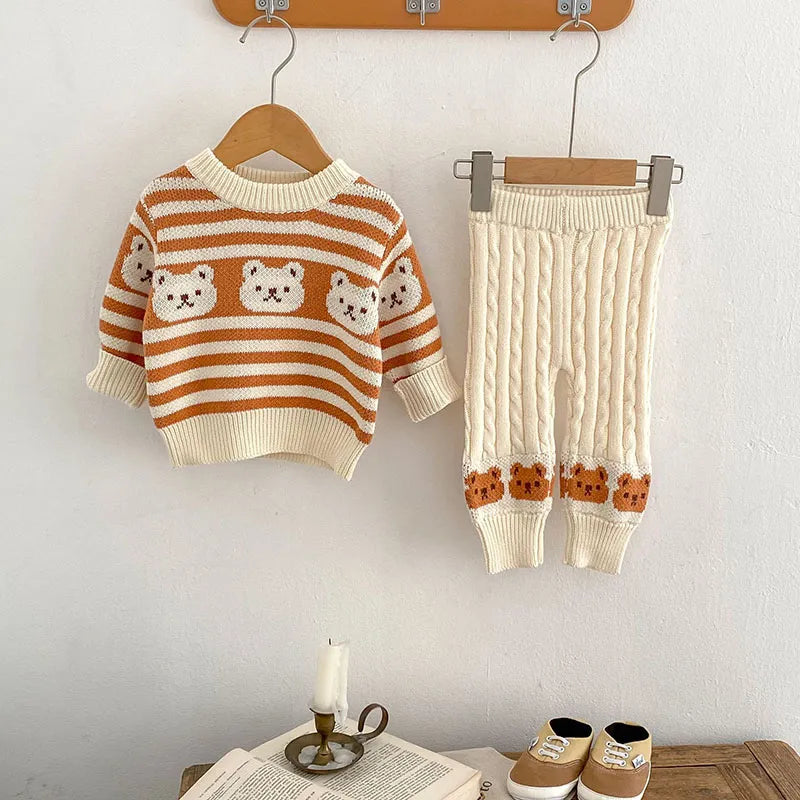 Striped Teddy Bear Pattern Knit Sweater And Knit Pants Set 