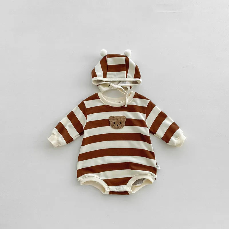 Baby Striped Side Bear Bodysuit with Bonnet