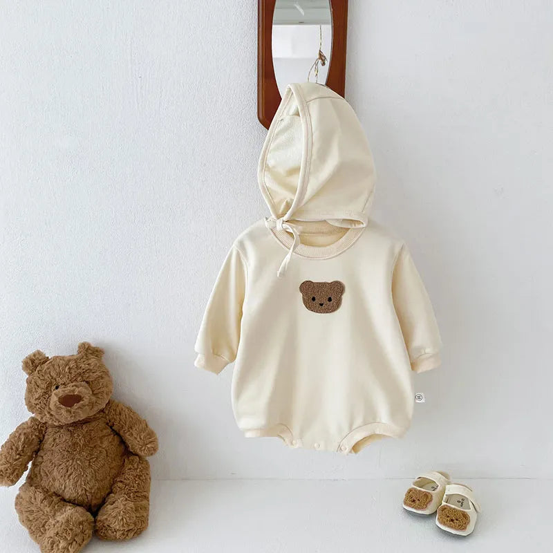 Baby Striped Side Bear Bodysuit with Bonnet