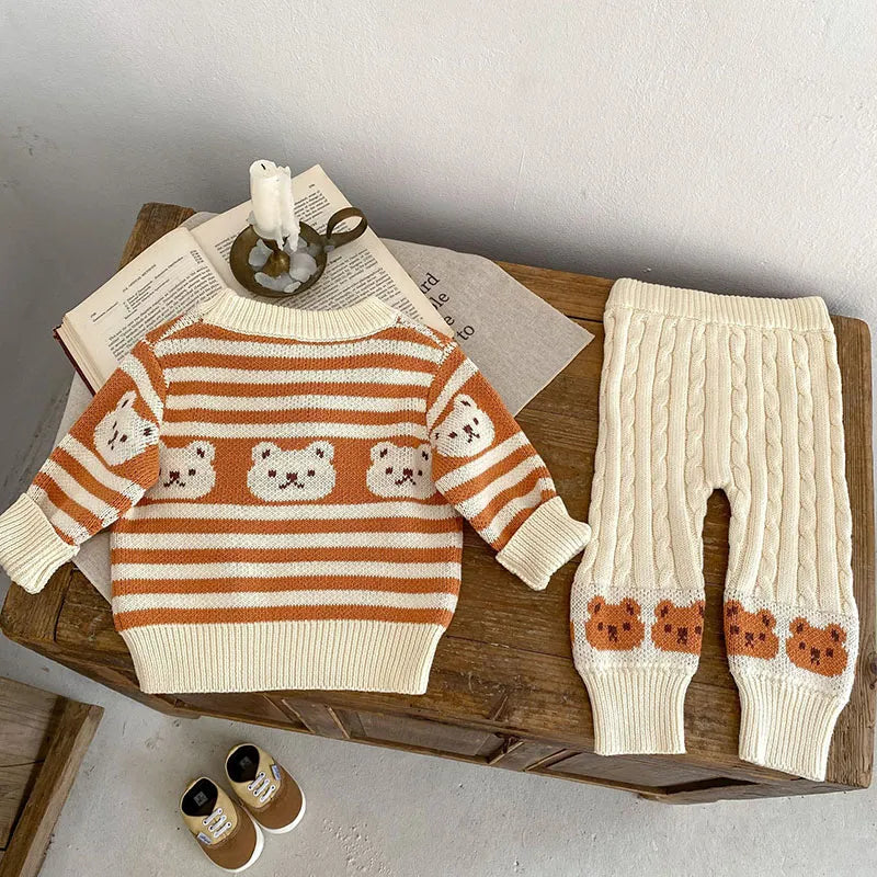 Striped Teddy Bear Pattern Knit Sweater And Knit Pants Set 