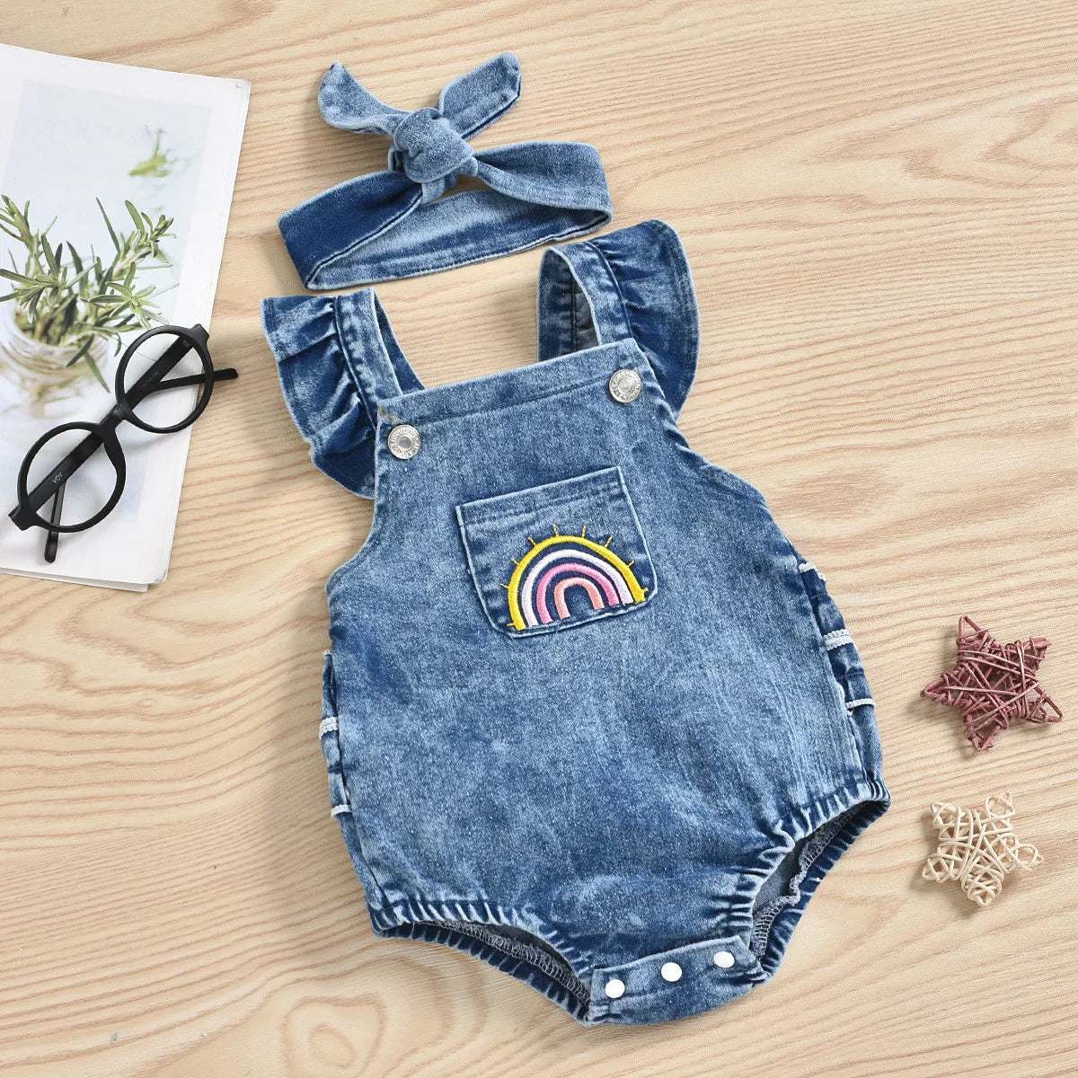 JEANS ROMPER SET WITH BOWIE TOPKNOT