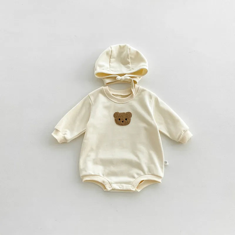 Baby Striped Side Bear Bodysuit with Bonnet