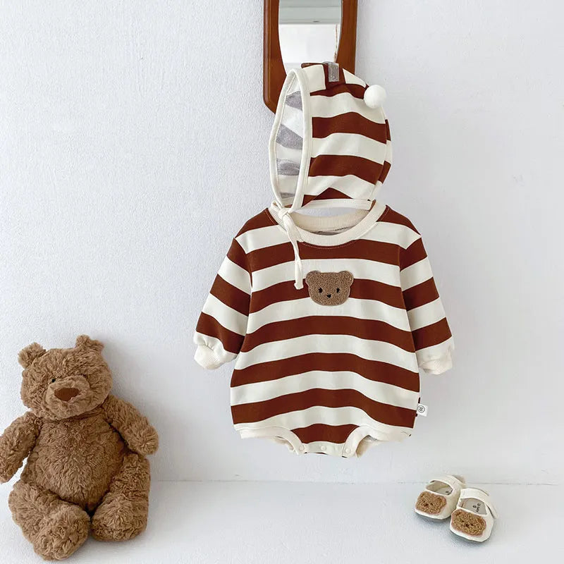 Baby Striped Side Bear Bodysuit with Bonnet