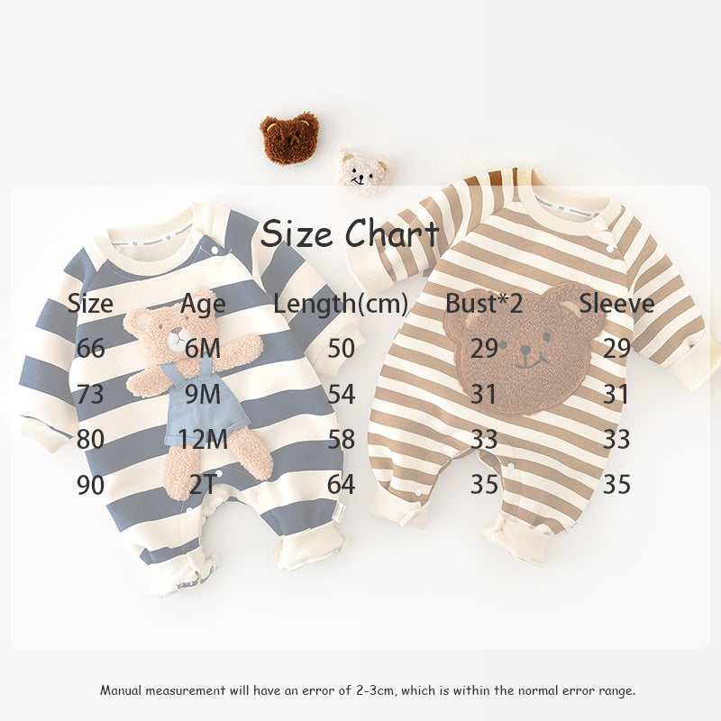 BABY STRIPED BEAR FLEECE LINED ROMPER