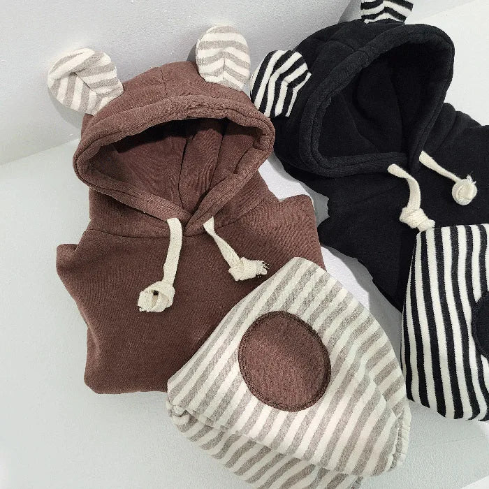 Bear Hooded Fleece Striped Patch SET