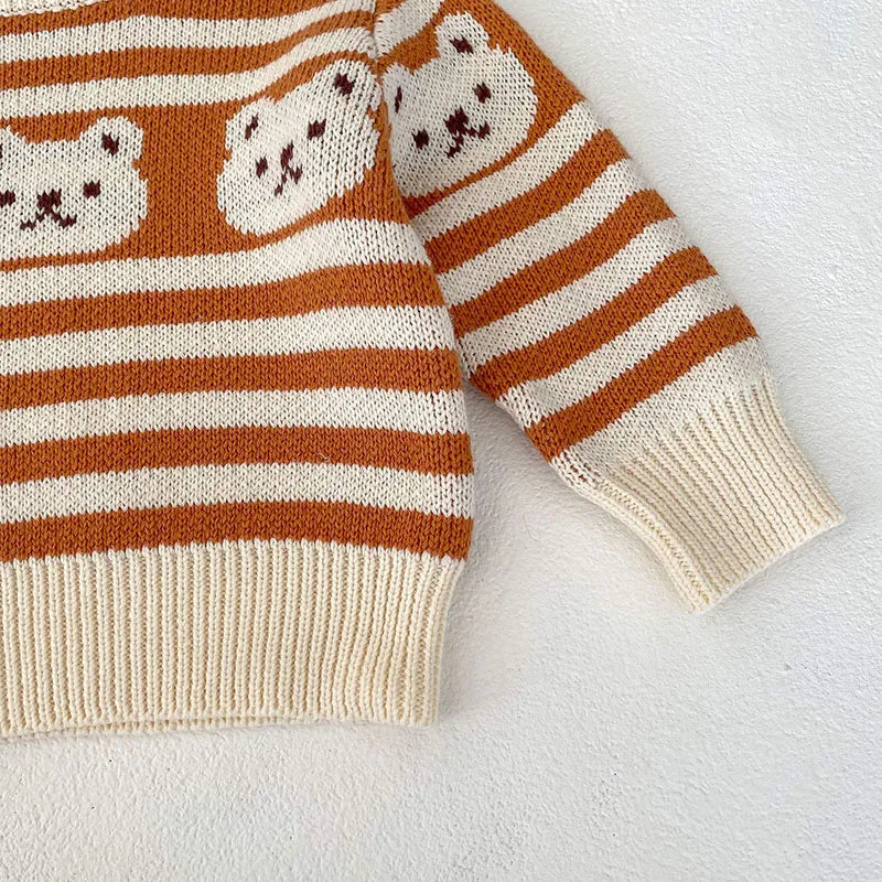 Striped Teddy Bear Pattern Knit Sweater And Knit Pants Set 