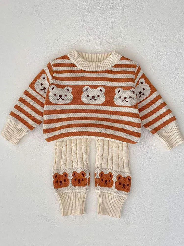 Striped Teddy Bear Pattern Knit Sweater And Knit Pants Set 