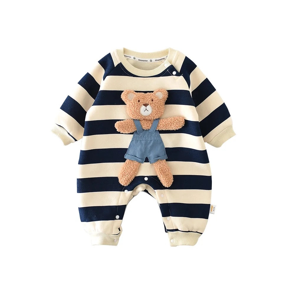 BABY STRIPED BEAR FLEECE LINED ROMPER