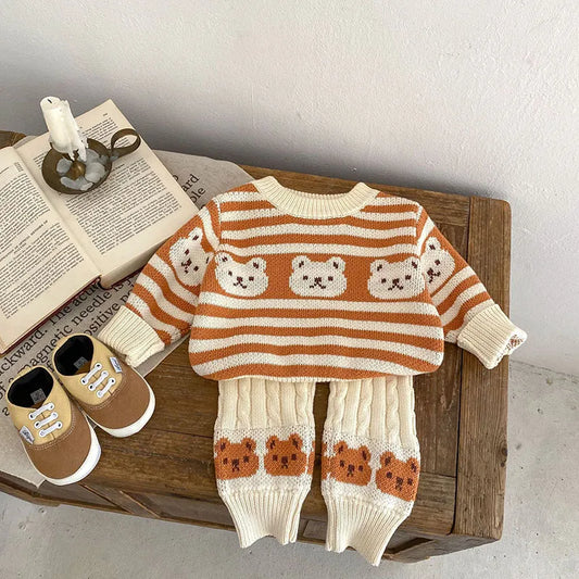 Striped Teddy Bear Pattern Knit Sweater And Knit Pants Set 
