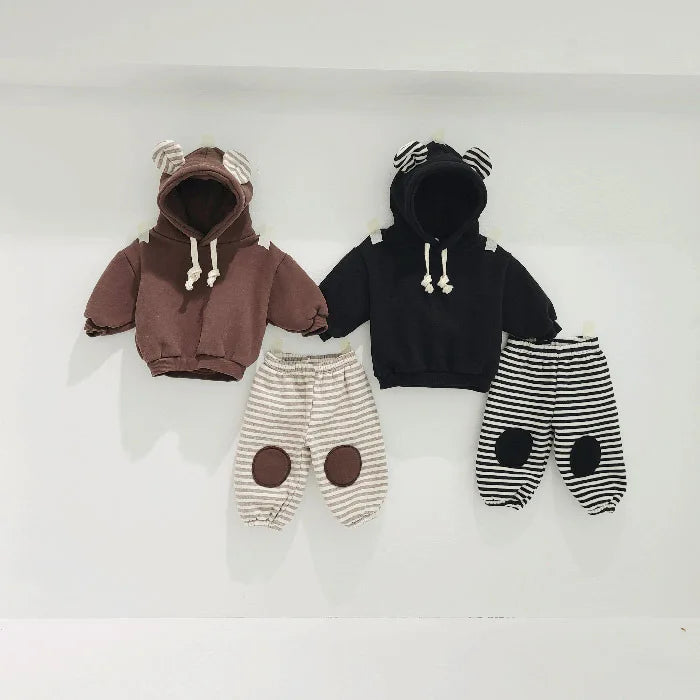Bear Hooded Fleece Striped Patch SET