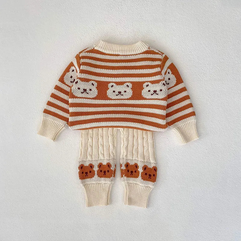 Striped Teddy Bear Pattern Knit Sweater And Knit Pants Set 