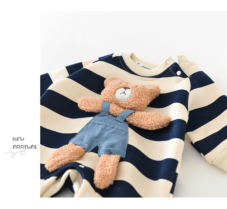 BABY STRIPED BEAR FLEECE LINED ROMPER