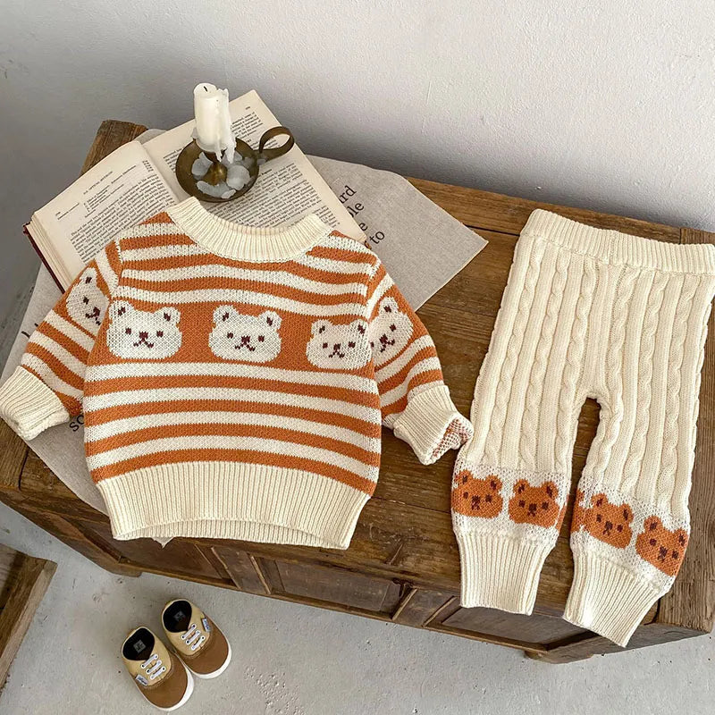 Striped Teddy Bear Pattern Knit Sweater And Knit Pants Set 