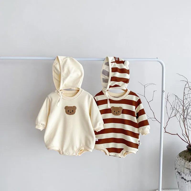 Baby Striped Side Bear Bodysuit with Bonnet