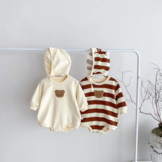 Baby Striped Side Bear Bodysuit with Bonnet