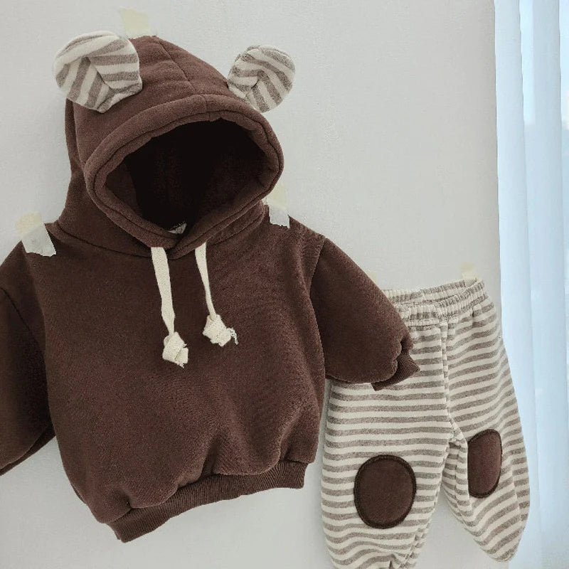 Bear Hooded Fleece Striped Patch SET