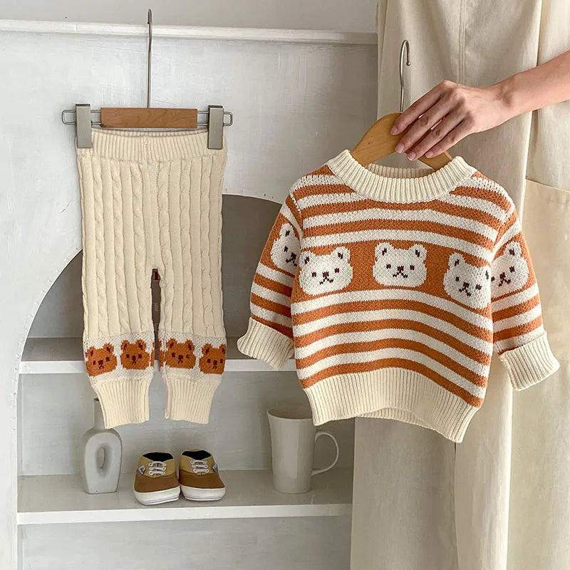 Striped Teddy Bear Pattern Knit Sweater And Knit Pants Set 