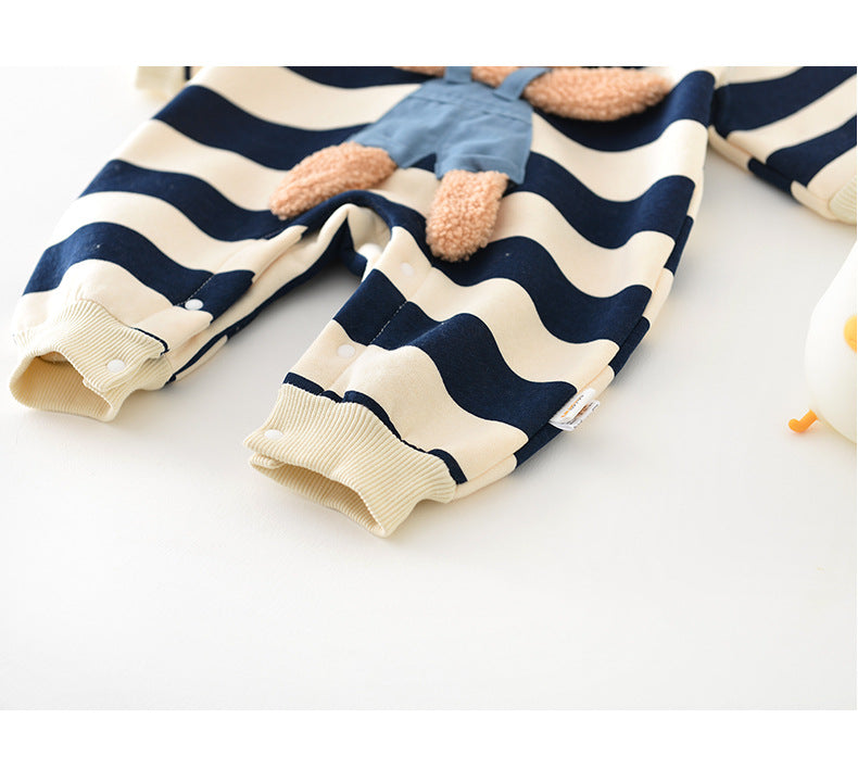 BABY STRIPED BEAR FLEECE LINED ROMPER