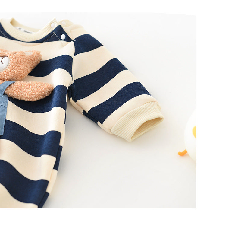 BABY STRIPED BEAR FLEECE LINED ROMPER
