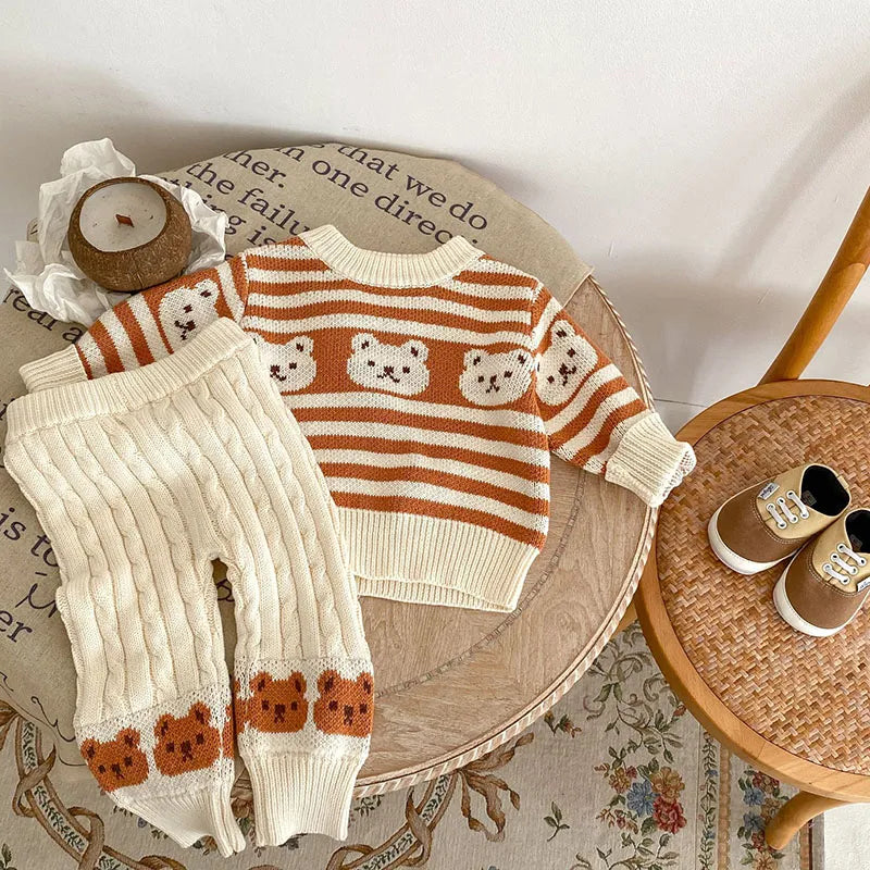 Striped Teddy Bear Pattern Knit Sweater And Knit Pants Set 