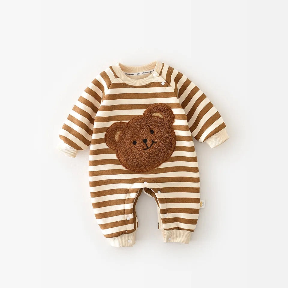 BABY STRIPED BEAR FLEECE LINED ROMPER