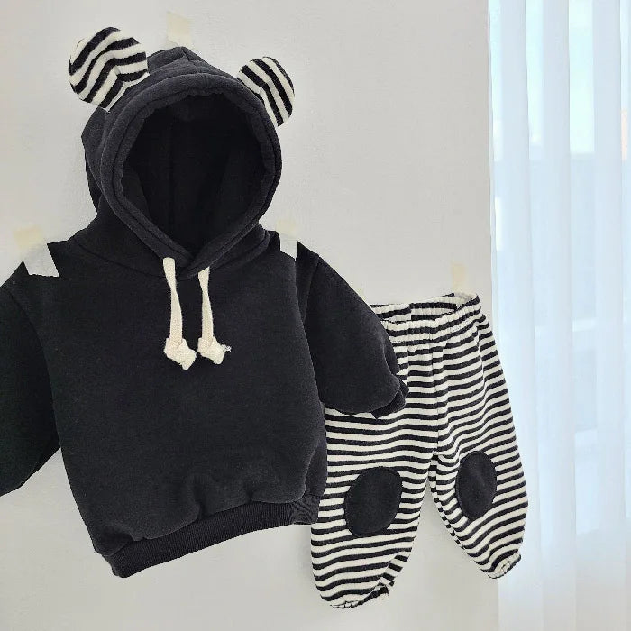 Bear Hooded Fleece Striped Patch SET