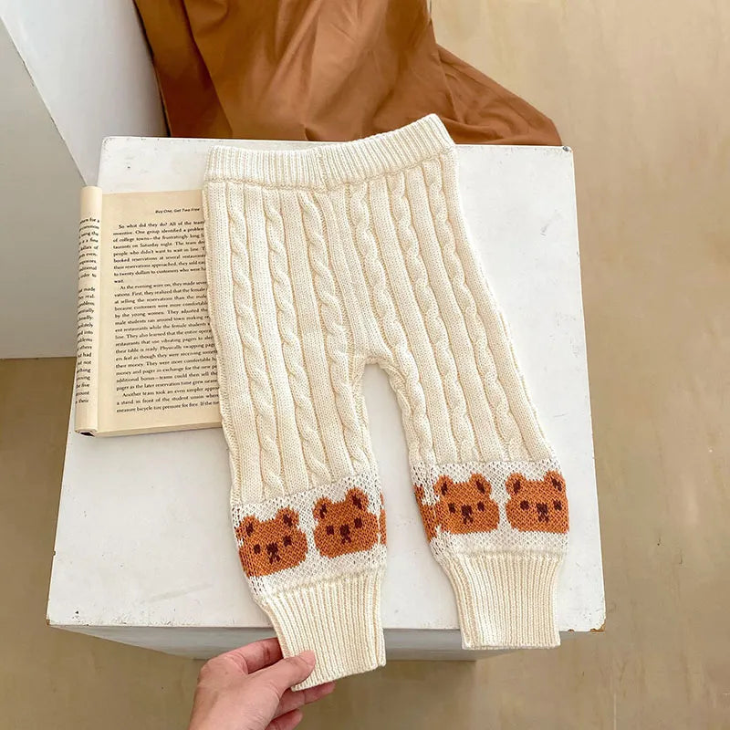 Striped Teddy Bear Pattern Knit Sweater And Knit Pants Set 