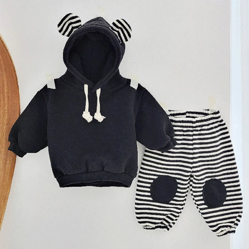 Bear Hooded Fleece Striped Patch SET