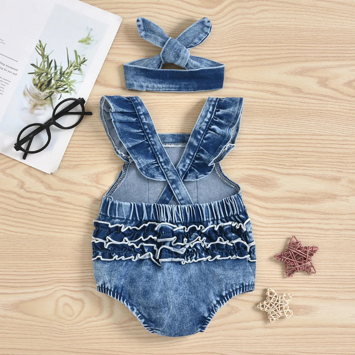 JEANS ROMPER SET WITH BOWIE TOPKNOT