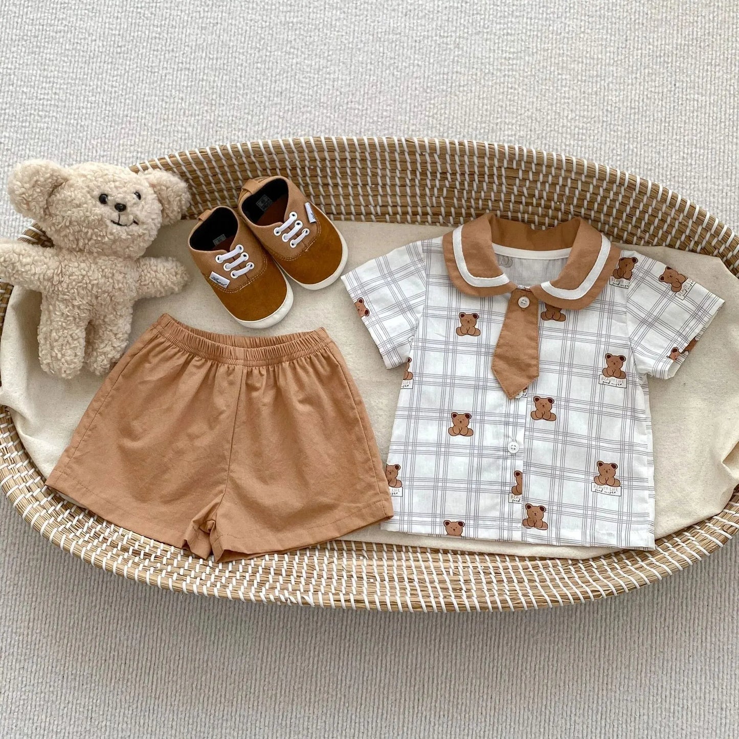 SUMMER BABY TEDDY PLAID SHORT - SLEEVED ROMPER 