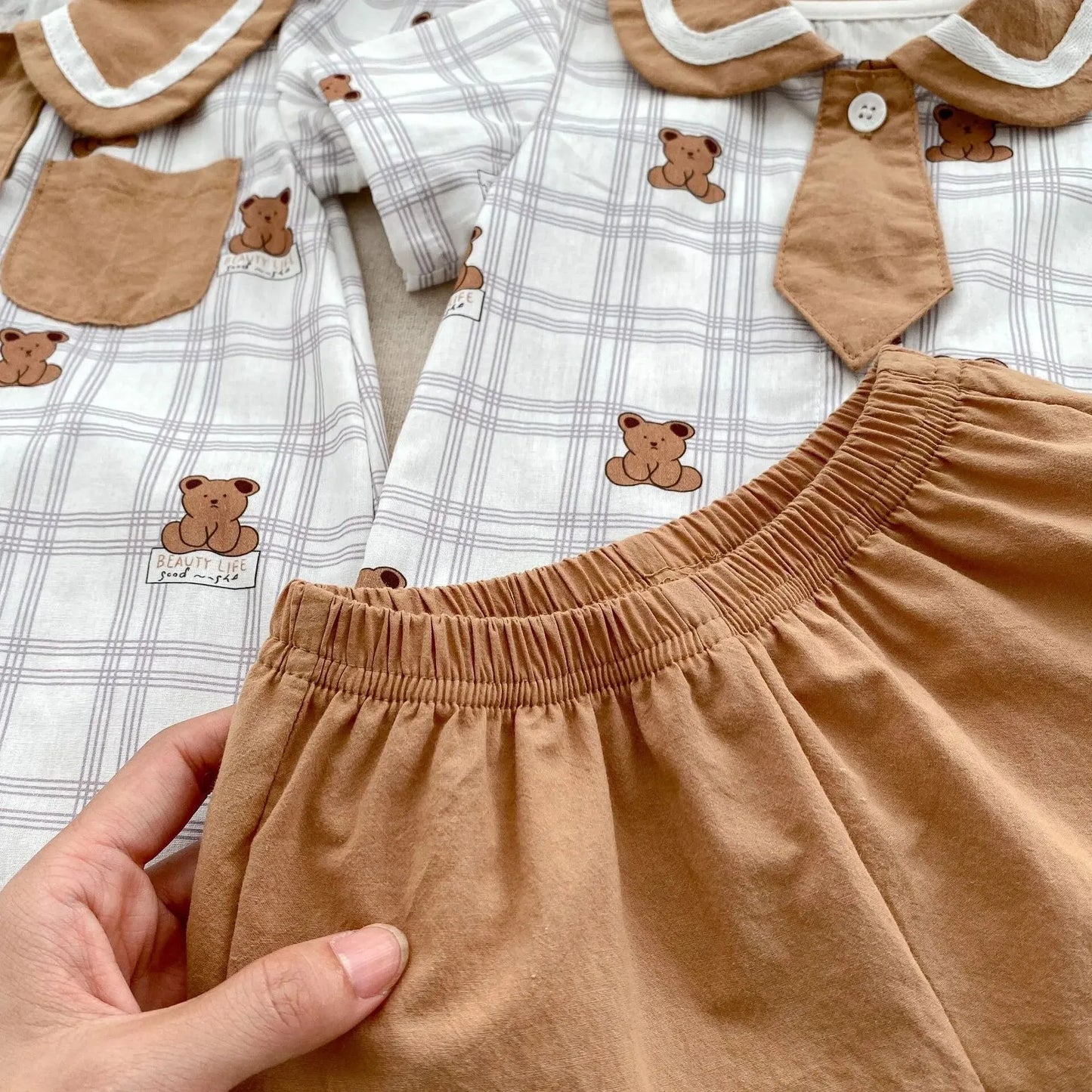 SUMMER BABY TEDDY PLAID SHORT - SLEEVED ROMPER 