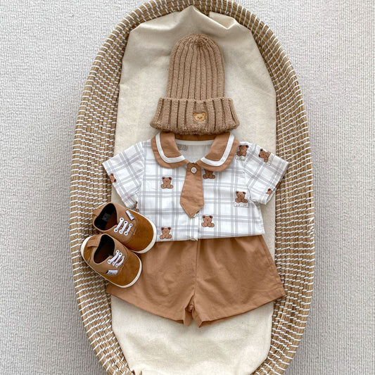 SUMMER BABY TEDDY PLAID SHORT - SLEEVED ROMPER 